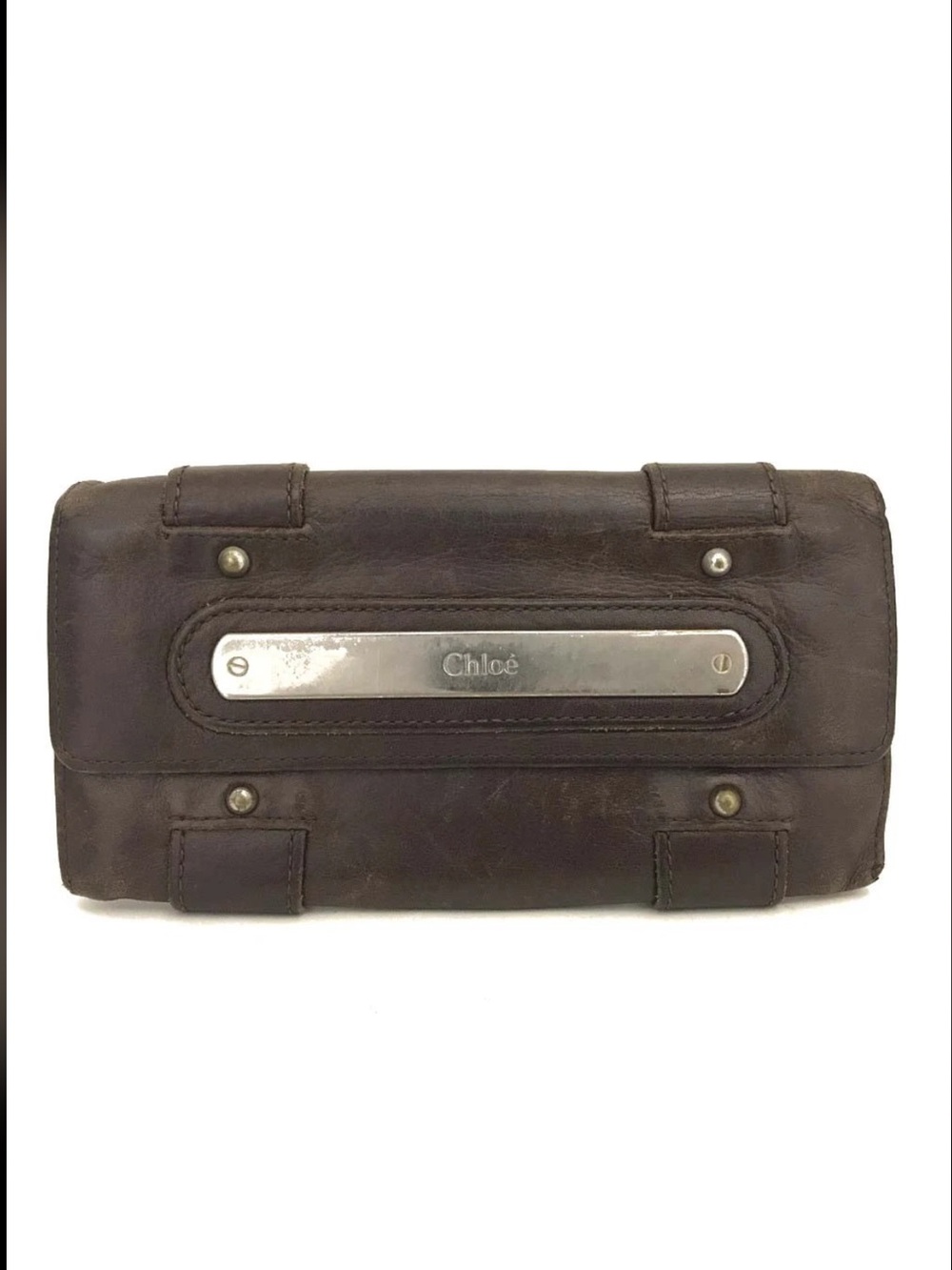 Chloé Vintage Dark Brown Leather Metal Plate Continental Flap Wallet👝 - Picture 1 of 8